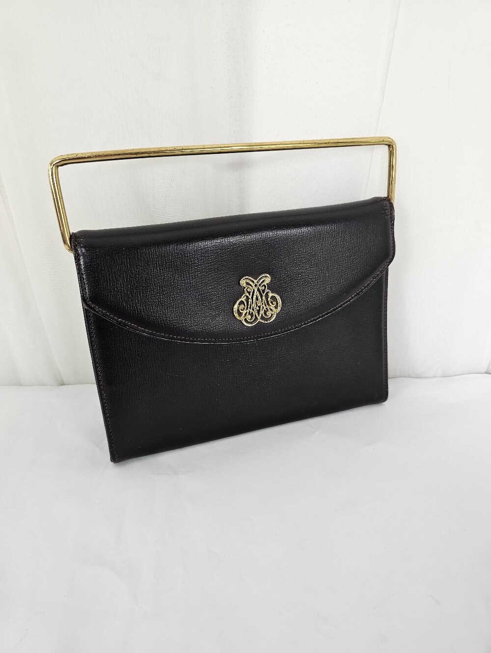 Vintage Dark Brown Leather Clutch Top Handle Bag Gold Bar Handle Mini Bag MCM